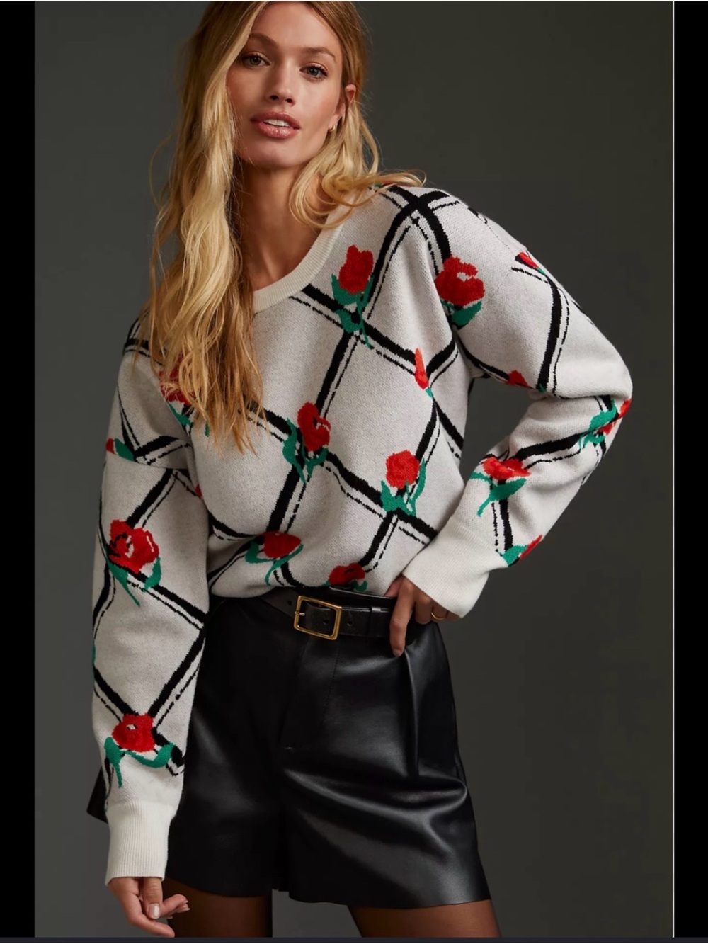 Maeve Anthropologie Camryn White Crewneck Sweater with Red Rose Plaid